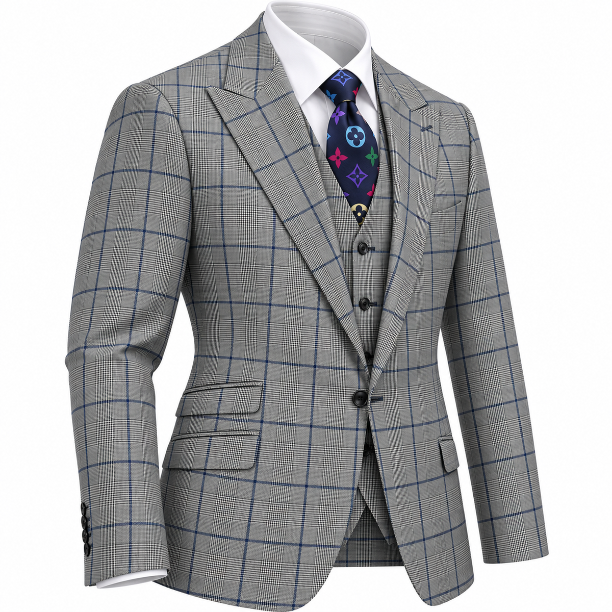suit-yourself-menswear Tiglio Portofino 3-piece wool suit in grey plaid with blue windowpane check and peak lapels
