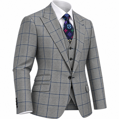 suit-yourself-menswear Tiglio Portofino 3-piece wool suit in grey plaid with blue windowpane check and peak lapels