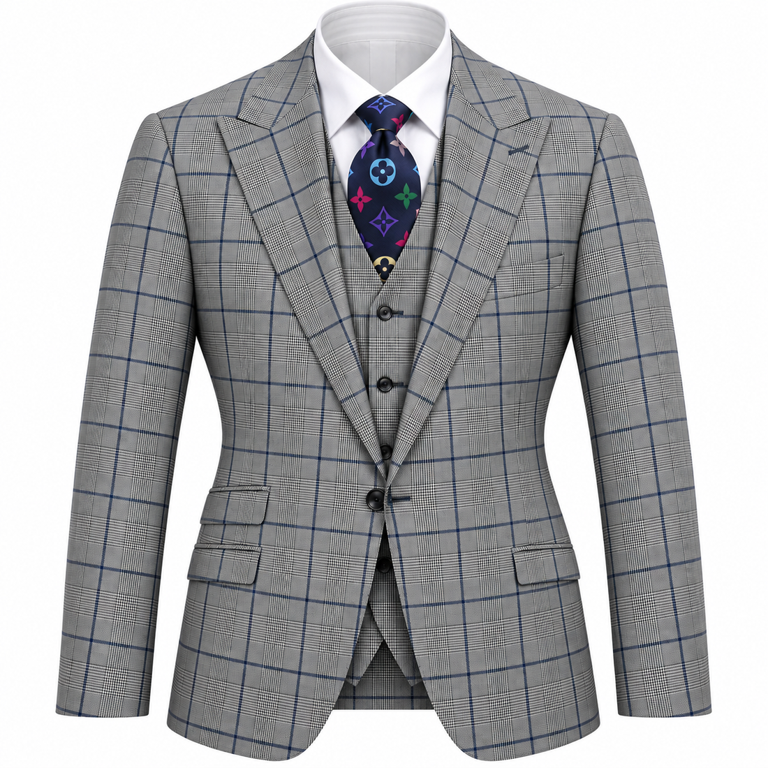 suit-yourself-menswear Tiglio Portofino 3-piece wool suit in grey plaid with wide peak lapels and blue check pattern