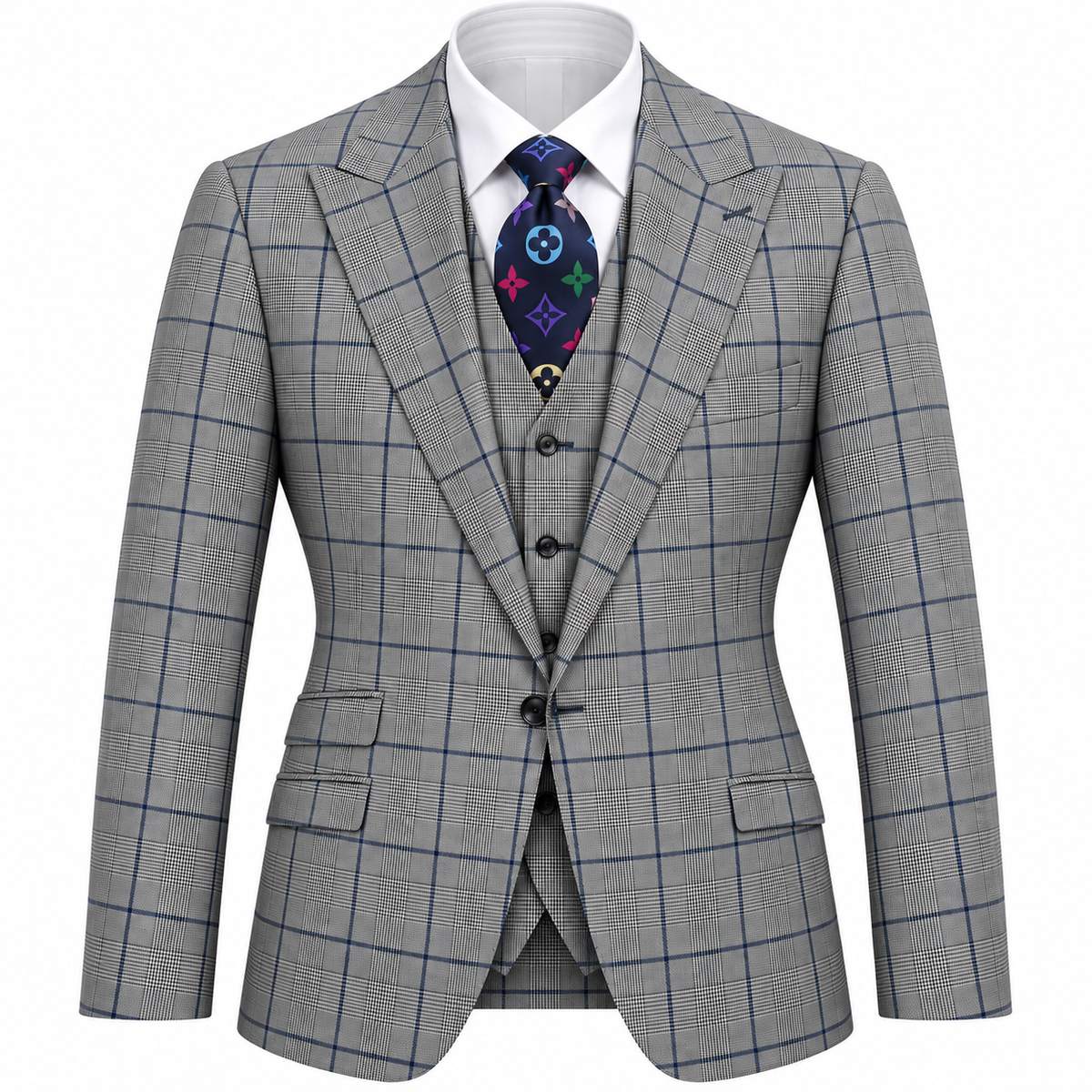 suit-yourself-menswear Tiglio Portofino 3-piece wool suit in grey plaid with wide peak lapels and blue check pattern