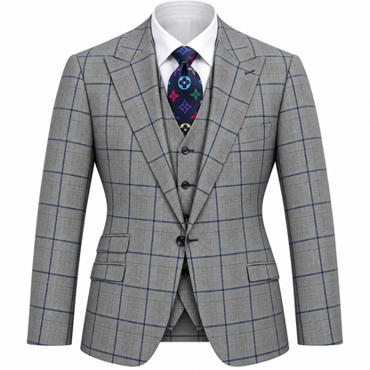 suit-yourself-menswear Tiglio Portofino 3-piece wool suit in grey plaid with wide peak lapels and blue check pattern