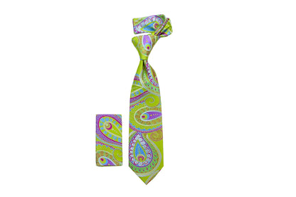 suit-yourself-menswear lime green paisley necktie with matching pocket square for formal events