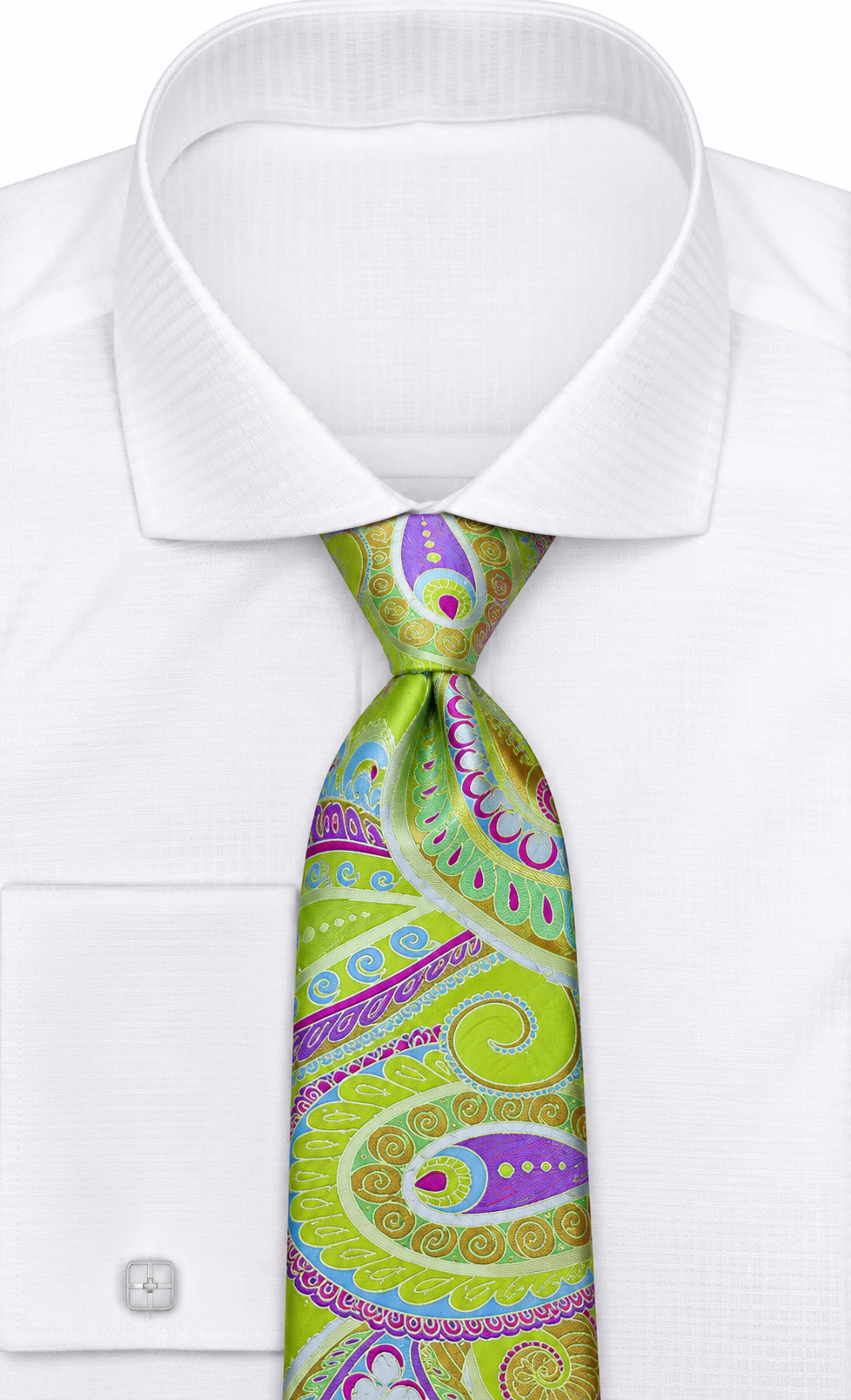 suit-yourself-menswear lime green paisley necktie with purple and blue accents on a crisp white dress shirt