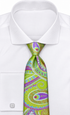suit-yourself-menswear lime green paisley necktie with purple and blue accents on a crisp white dress shirt