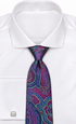 suit-yourself-menswear magenta paisley necktie with intricate teal and purple patterns on a white dress shirt