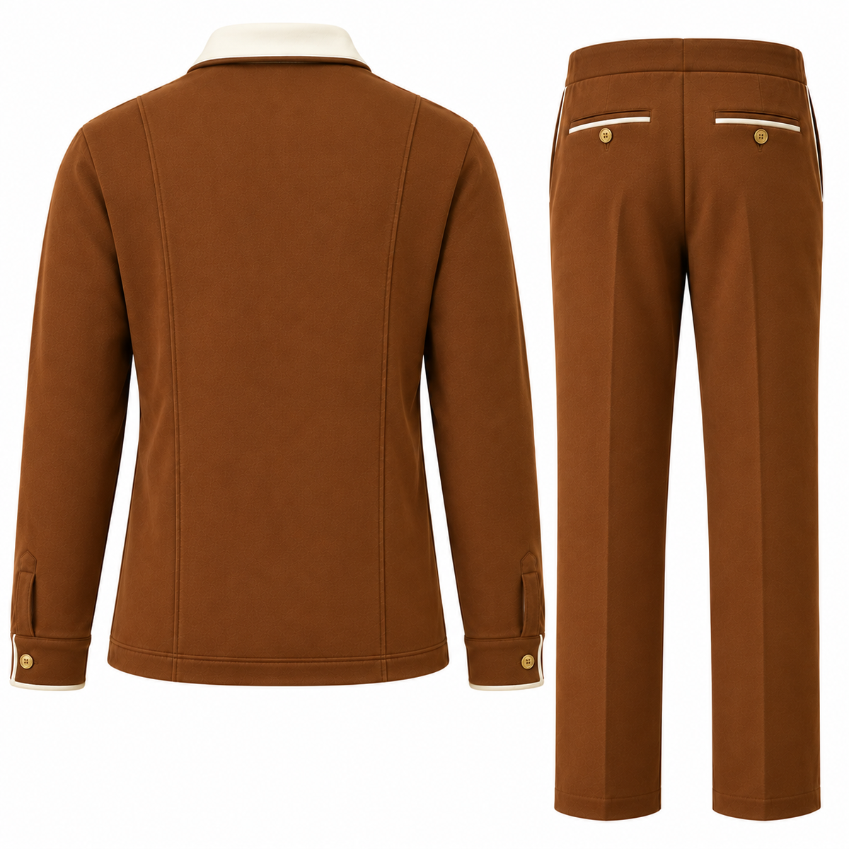suit-yourself-menswear mocha brown two-piece casual set with cream contrast collar and matching trousers, back view
