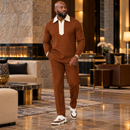 Model wearing a Suit Yourself Menswear mocha brown two-piece set with a cream contrast quarter-zip collar and trousers.