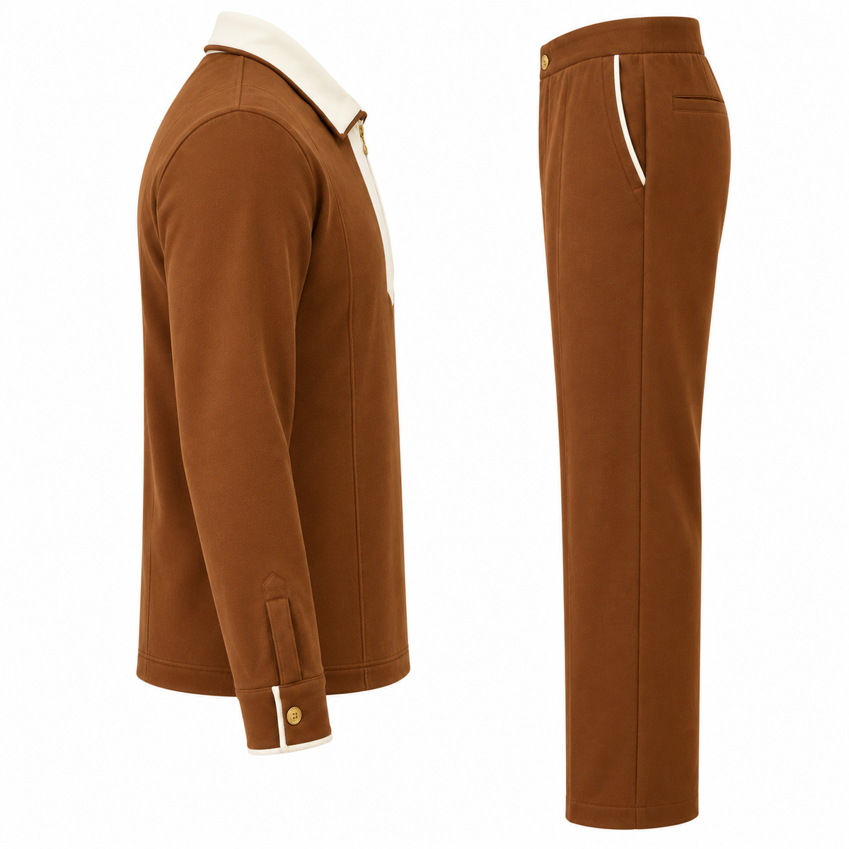 Suit Yourself Menswear mocha brown two-piece casual set with a cream contrast quarter-zip collar and matching trousers.