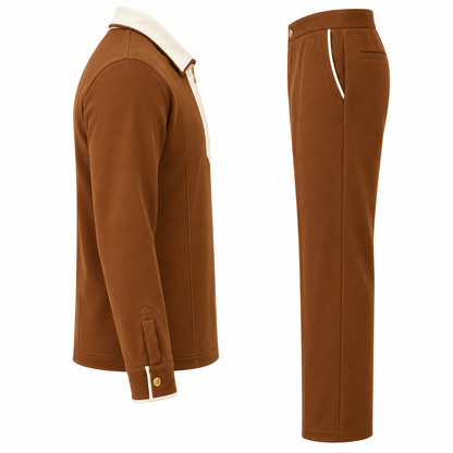 Suit Yourself Menswear mocha brown two-piece casual set with a cream contrast quarter-zip collar and matching trousers.