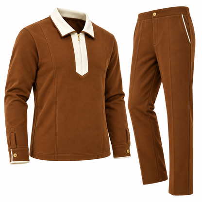 Suit Yourself Menswear mocha brown two-piece casual set with a cream contrast quarter-zip collar and matching trousers.