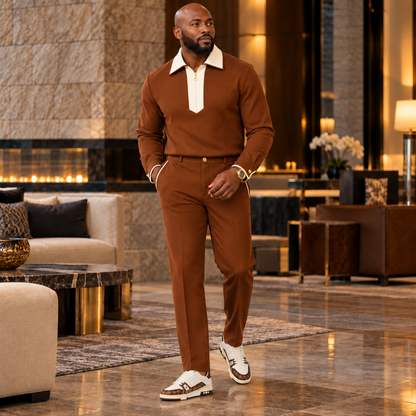 suit-yourself-menswear mocha brown two-piece set with cream contrast quarter-zip collar and matching trousers