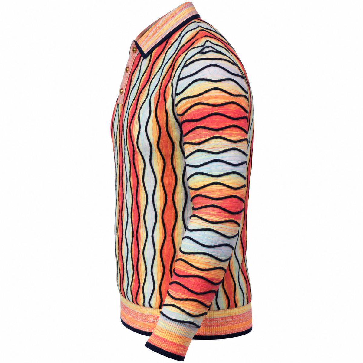 suit-yourself-menswear Prestige Original multicolor knit sweater with 90s-inspired textured wavy patterns, side view