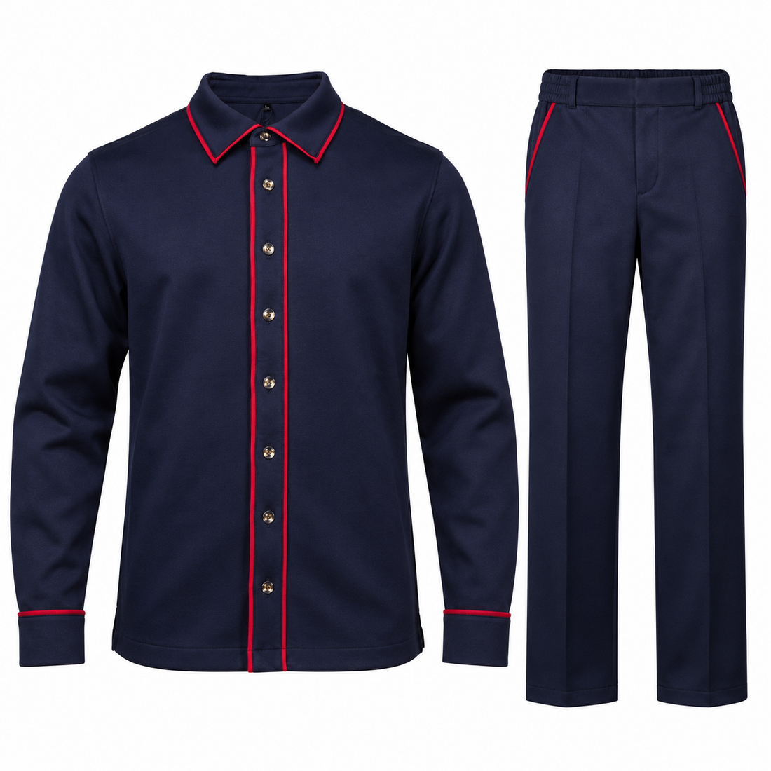 suit-yourself-menswear navy two-piece casual set with red contrast piping on the shirt and matching trousers