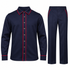 suit-yourself-menswear navy two-piece casual set with red contrast piping on the shirt and matching trousers