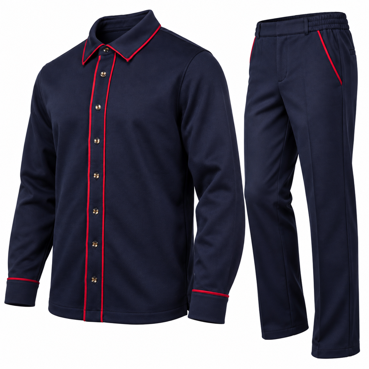suit-yourself-menswear navy two-piece casual set with long-sleeve button-front shirt and trousers featuring red piping