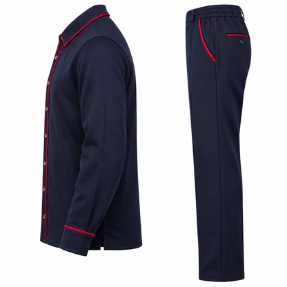 suit-yourself-menswear navy two-piece casual set with red contrast piping on long-sleeve shirt and matching trousers