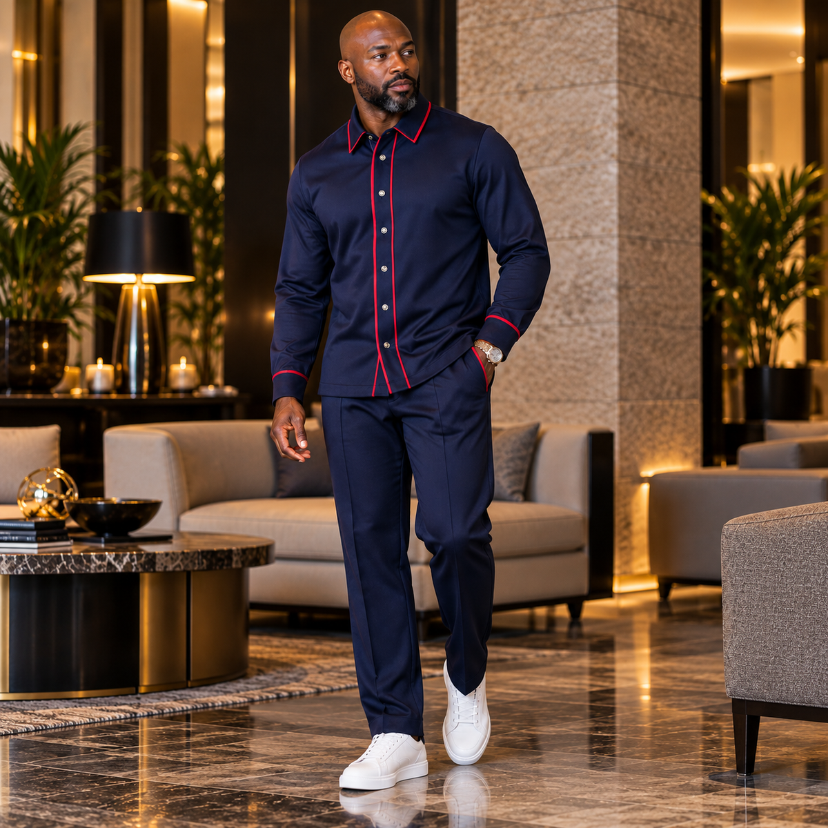 Suit Yourself Menswear navy two-piece casual set with red piping worn by a man in a luxury lounge setting