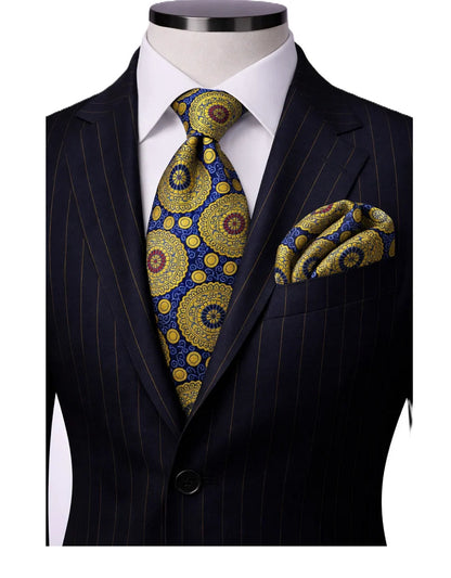 suit-yourself-menswear navy and gold medallion necktie and matching pocket square on a pinstripe suit jacket