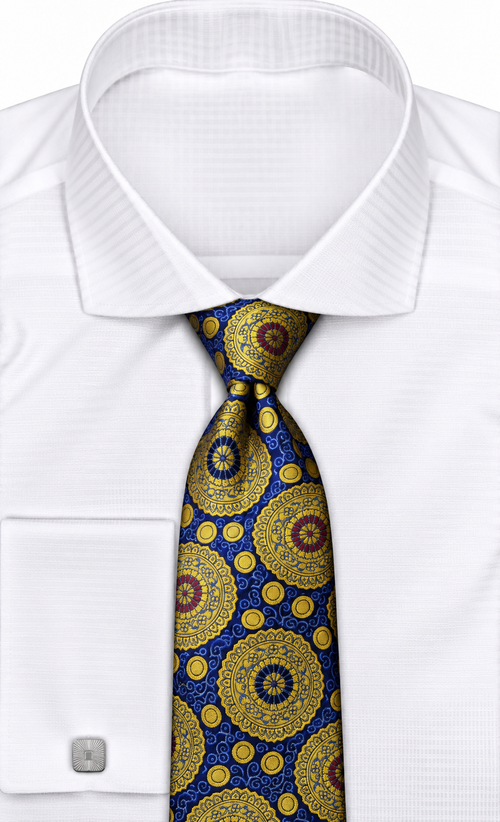suit-yourself-menswear navy and gold medallion pattern necktie worn with a crisp white dress shirt