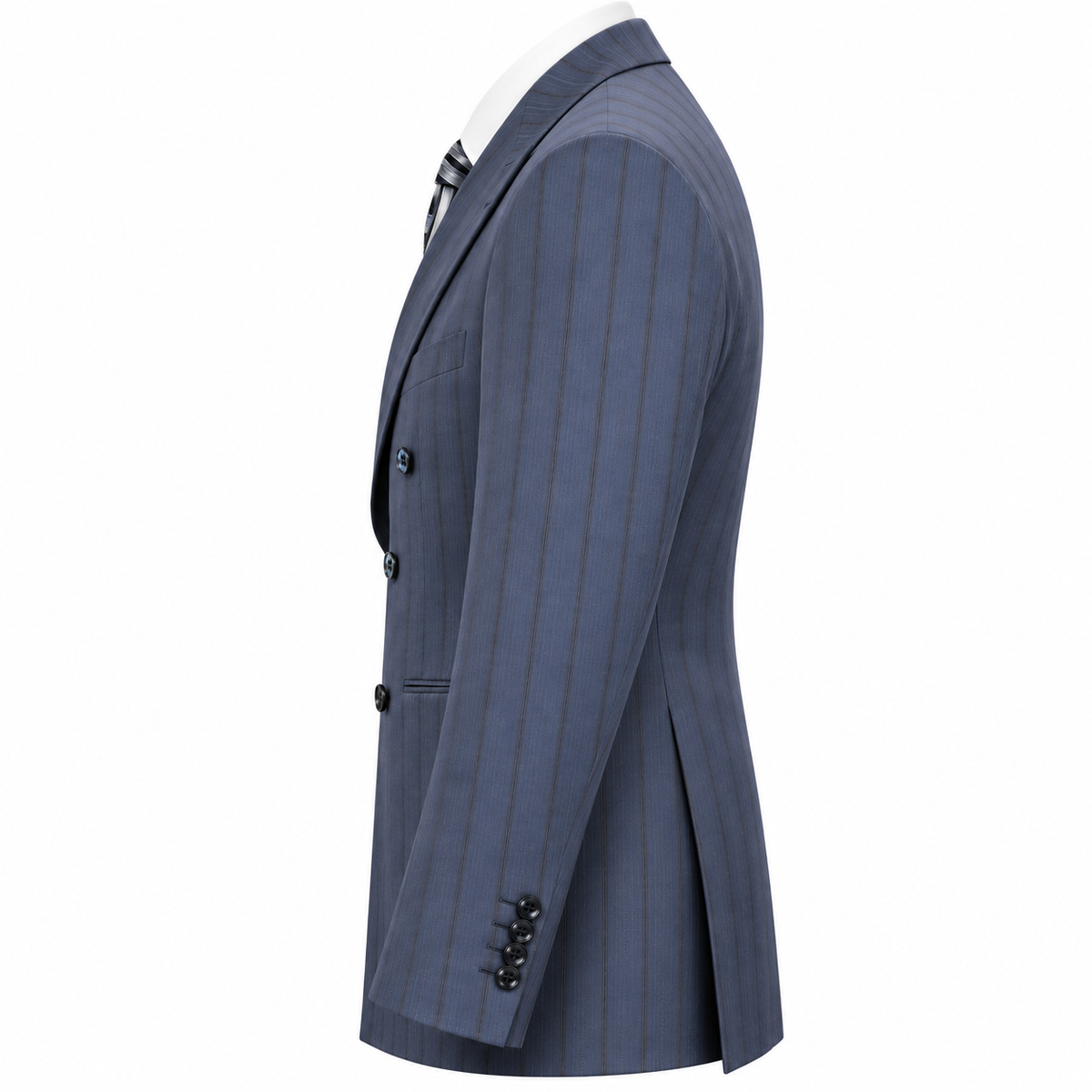 suit-yourself-menswear navy blue pinstripe double-breasted suit with peak lapels, side view