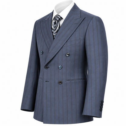suit-yourself-menswear navy blue pinstripe double breasted suit with peak lapels and a white shirt with patterned tie