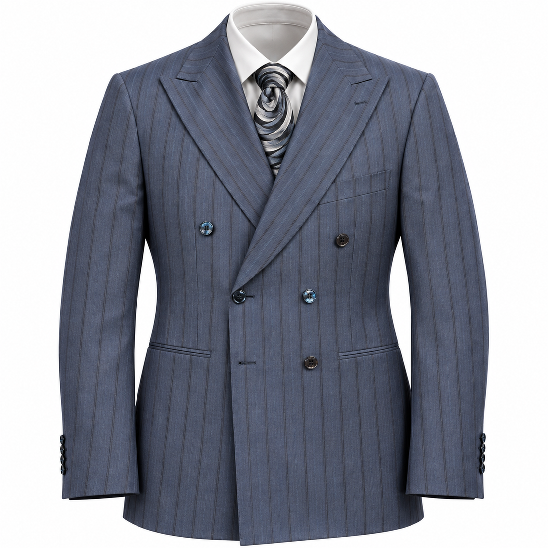 suit-yourself-menswear navy blue pinstripe double-breasted suit with peak lapels and a patterned tie
