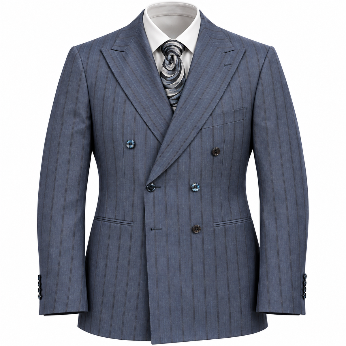 suit-yourself-menswear navy blue pinstripe double-breasted suit with peak lapels and a patterned tie