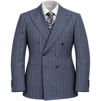 suit-yourself-menswear navy blue pinstripe double-breasted suit with peak lapels and a patterned tie