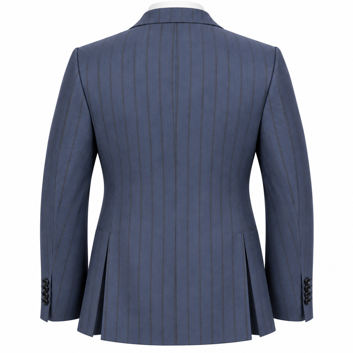 Back view of a navy blue pinstripe double breasted suit jacket by suit-yourself-menswear with dual side vents.