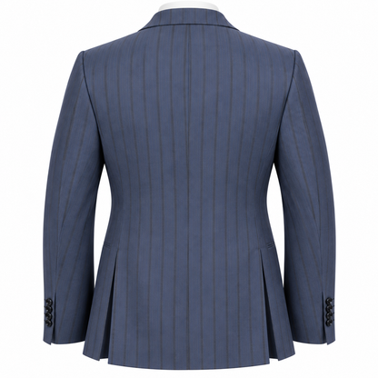 Back view of a navy blue pinstripe double breasted suit jacket by suit-yourself-menswear with dual side vents.