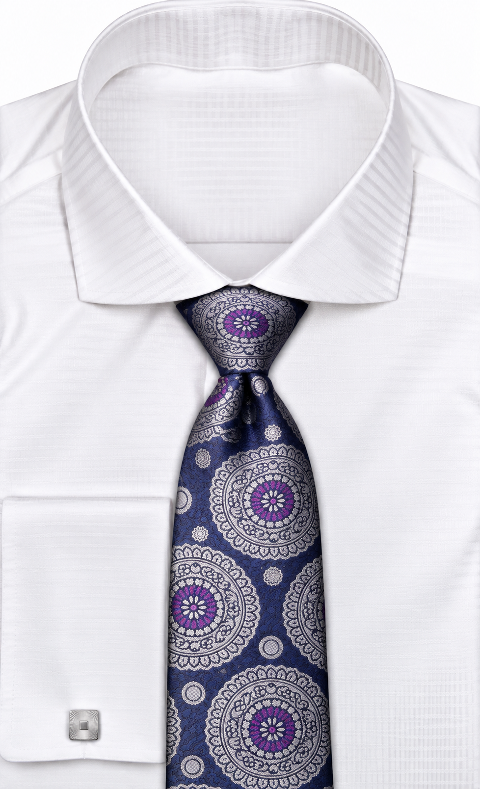 suit-yourself-menswear navy and silver medallion necktie with purple accents worn with a white dress shirt