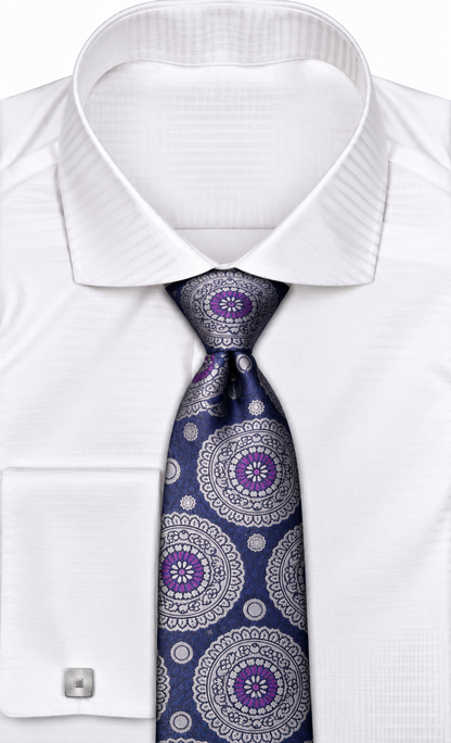 suit-yourself-menswear navy and silver medallion necktie with purple accents worn with a white dress shirt