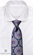 suit-yourself-menswear navy and silver medallion necktie with purple accents worn with a white dress shirt