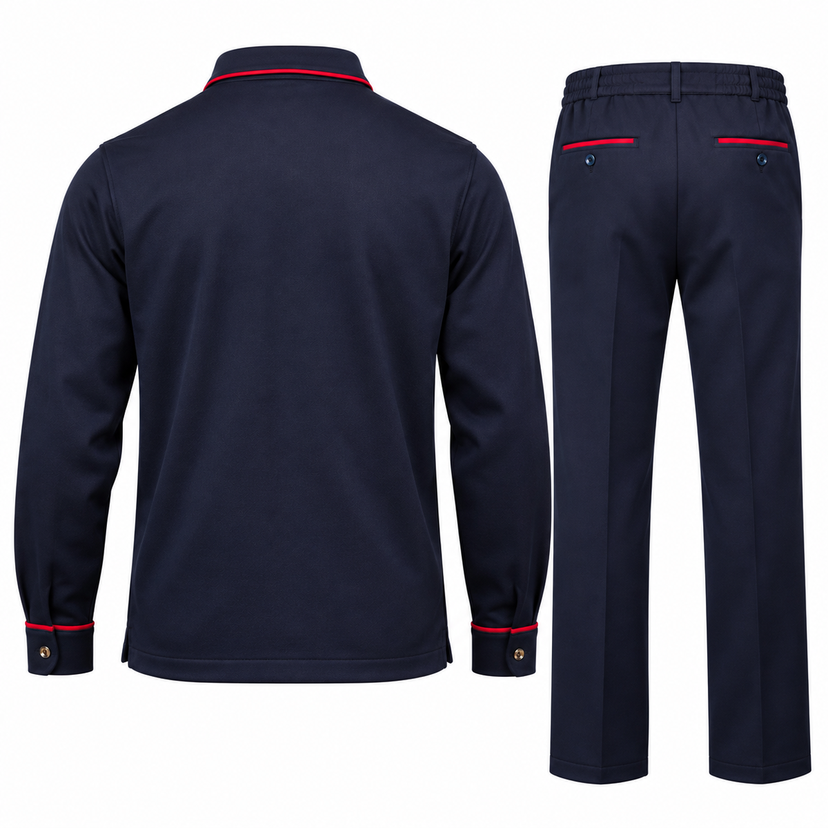 Back view of suit-yourself-menswear navy two-piece casual set featuring long-sleeve shirt and trousers with red piping.