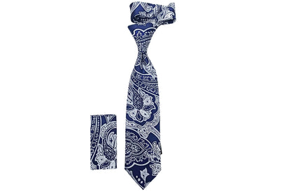 suit-yourself-menswear navy and white paisley necktie with matching pocket square for formal attire