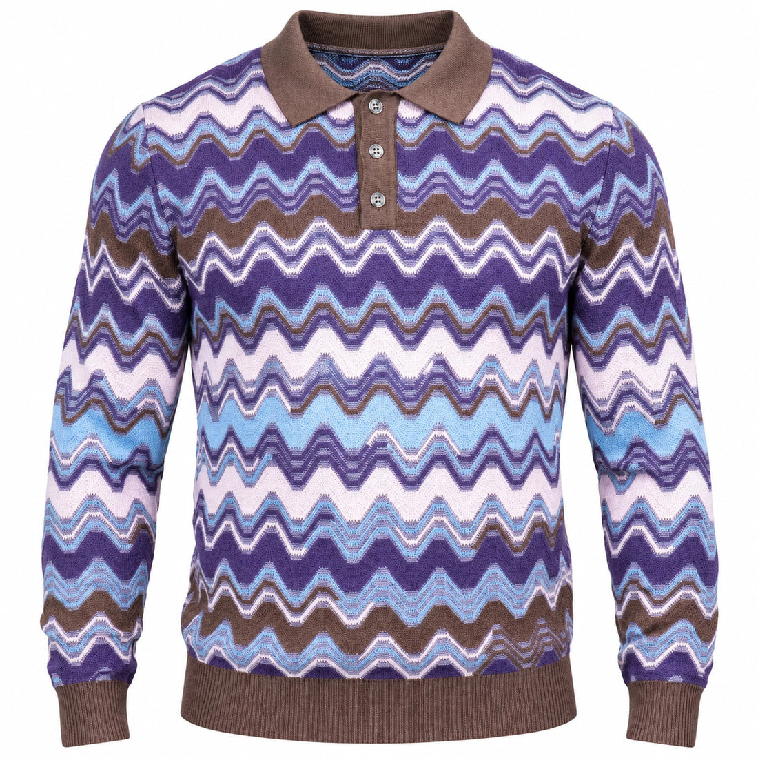 suit-yourself-menswear oatmeal and purple chevron knit polo sweater with a brown collar and button placket