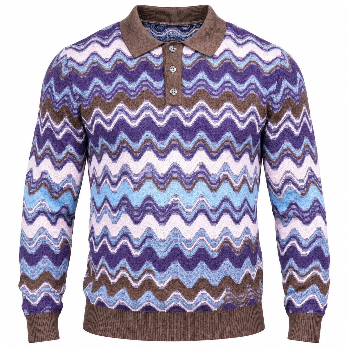 suit-yourself-menswear oatmeal and purple chevron knit polo sweater with a brown collar and button placket