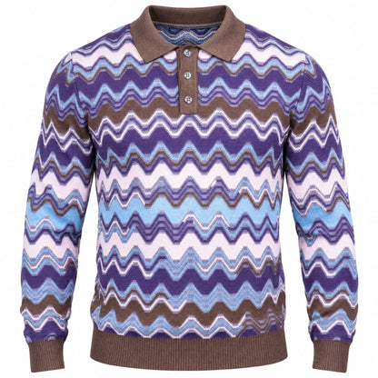 suit-yourself-menswear oatmeal and purple chevron knit polo sweater with a brown collar and button placket