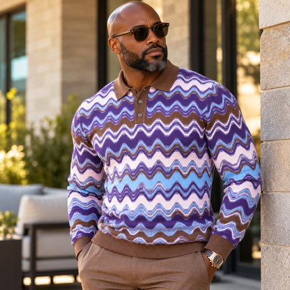 suit-yourself-menswear man wearing an oatmeal and purple chevron knit polo sweater with a brown collar