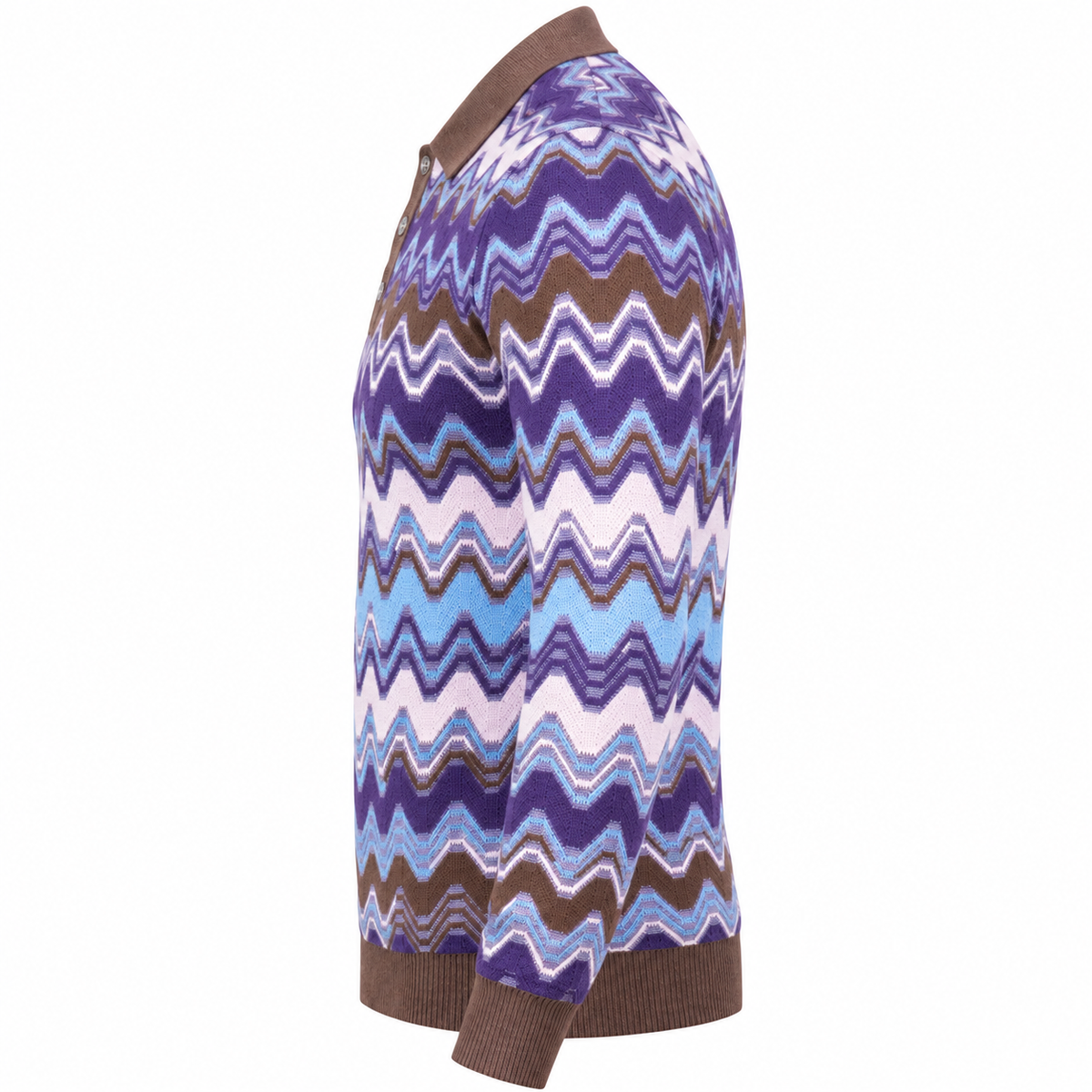 suit-yourself-menswear oatmeal and purple chevron pattern polo sweater with brown collar and cuffs, side view