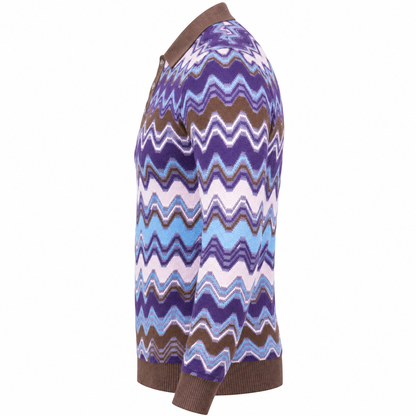 suit-yourself-menswear oatmeal and purple chevron pattern polo sweater with brown collar and cuffs, side view