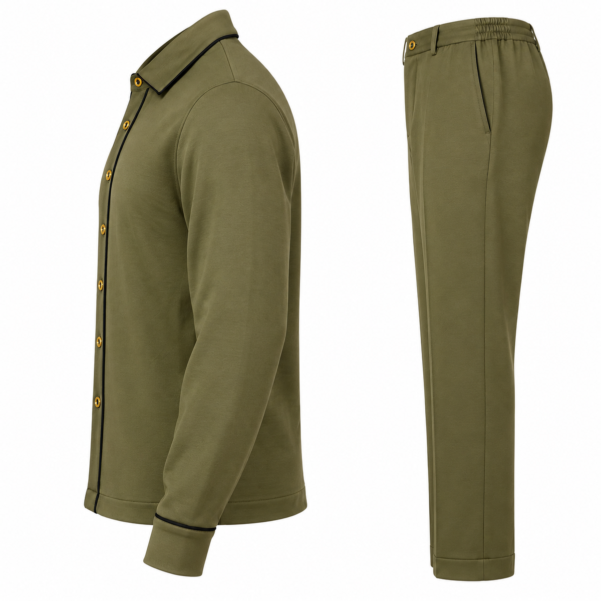 suit-yourself-menswear olive two-piece casual set with button-front shirt and matching trousers featuring piping