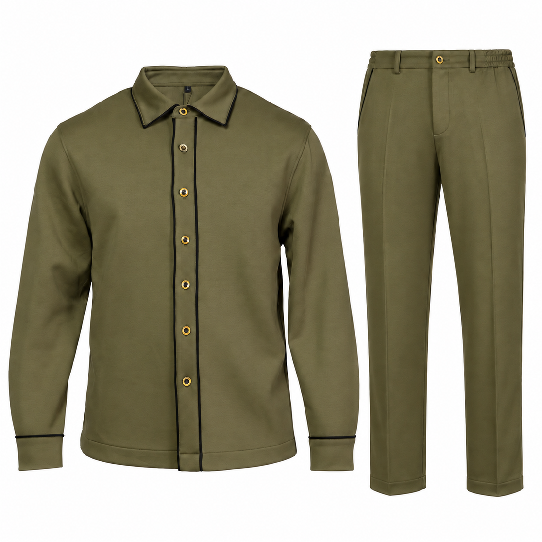 suit-yourself-menswear olive two-piece casual set featuring a button-front shirt and trousers with contrast piping