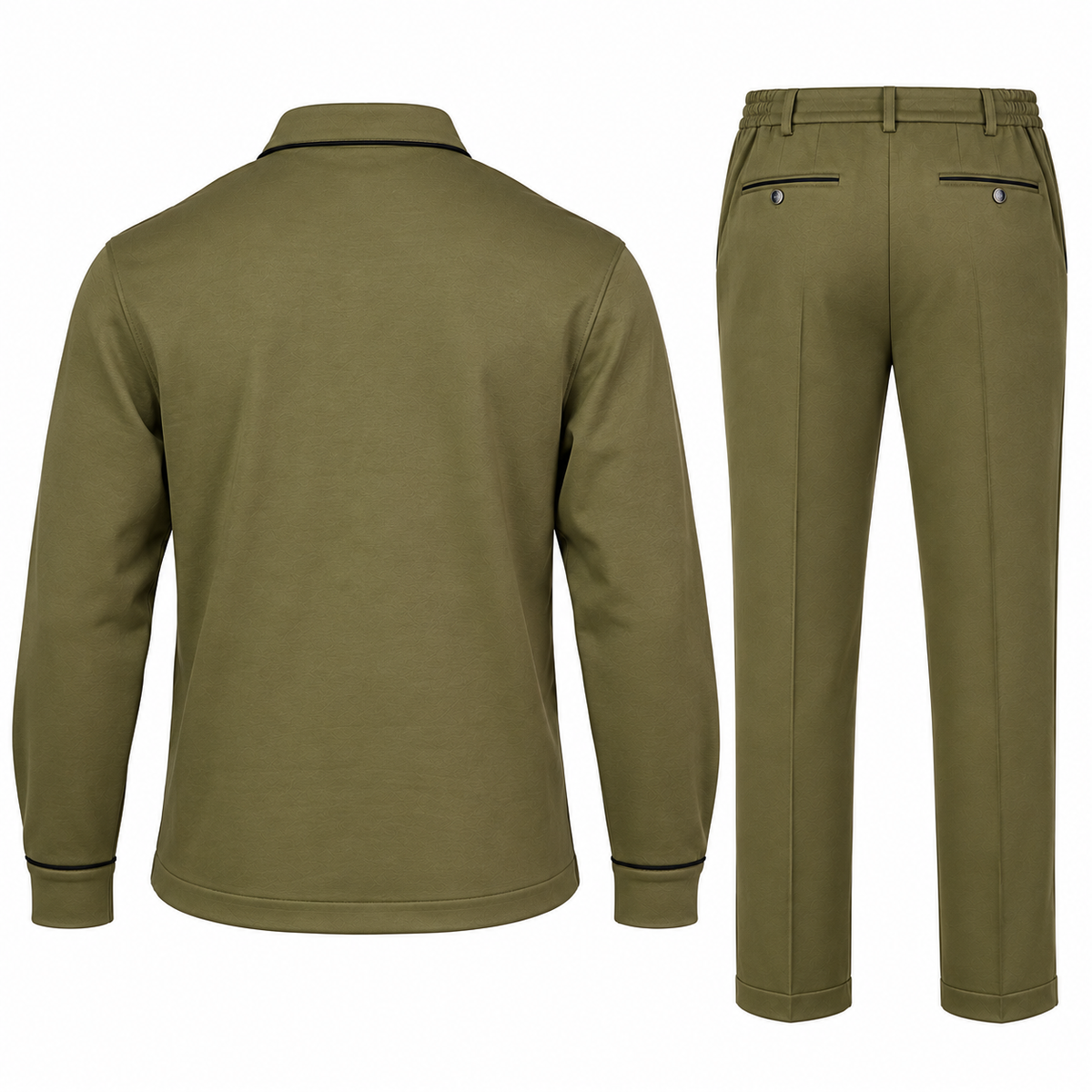 suit-yourself-menswear olive two-piece casual set featuring a long-sleeve shirt and trousers with contrast piping