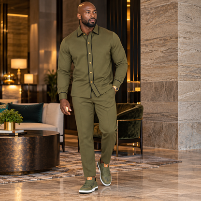 A model wearing a Suit Yourself Menswear olive two-piece casual set with contrast piping in a luxury lounge setting.