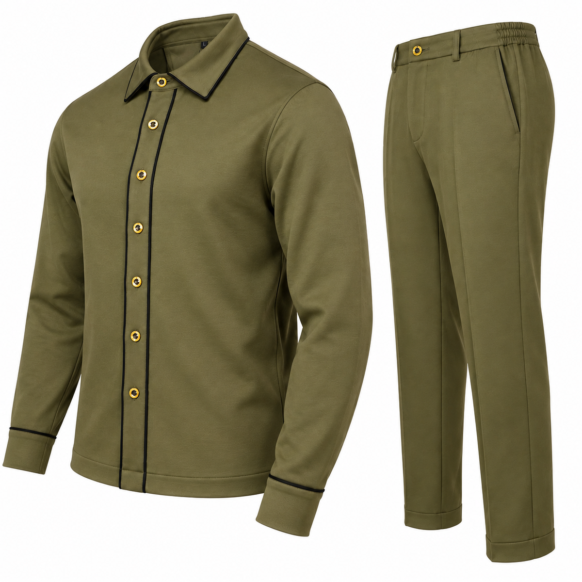 suit-yourself-menswear olive two-piece casual set featuring a button-front shirt with contrast piping and trousers