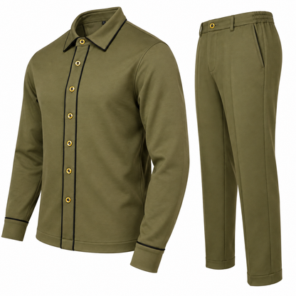 suit-yourself-menswear olive two-piece casual set featuring a button-front shirt with contrast piping and trousers