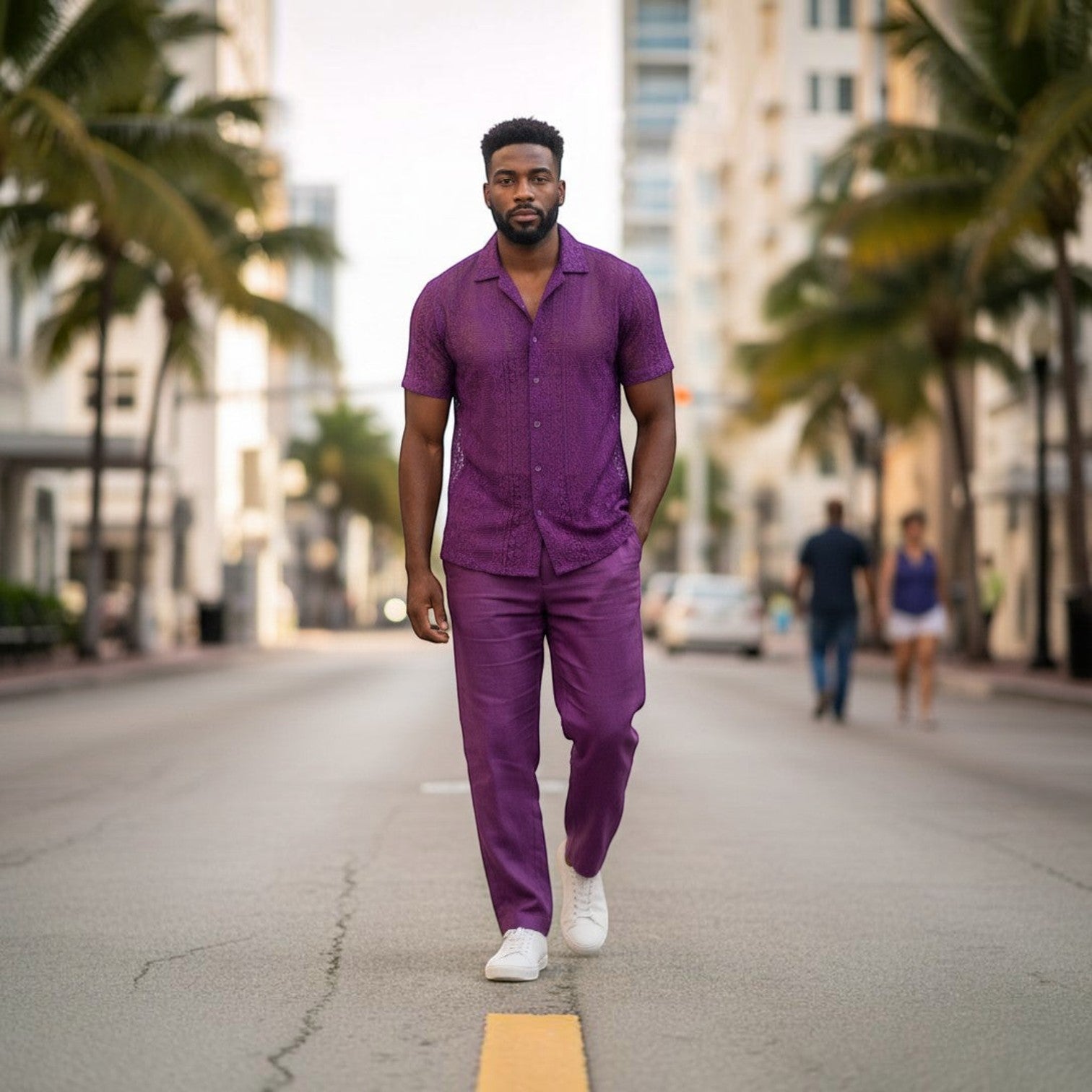 suit-yourself-menswear purple lace linen two-piece casual set worn by a man walking on a city street