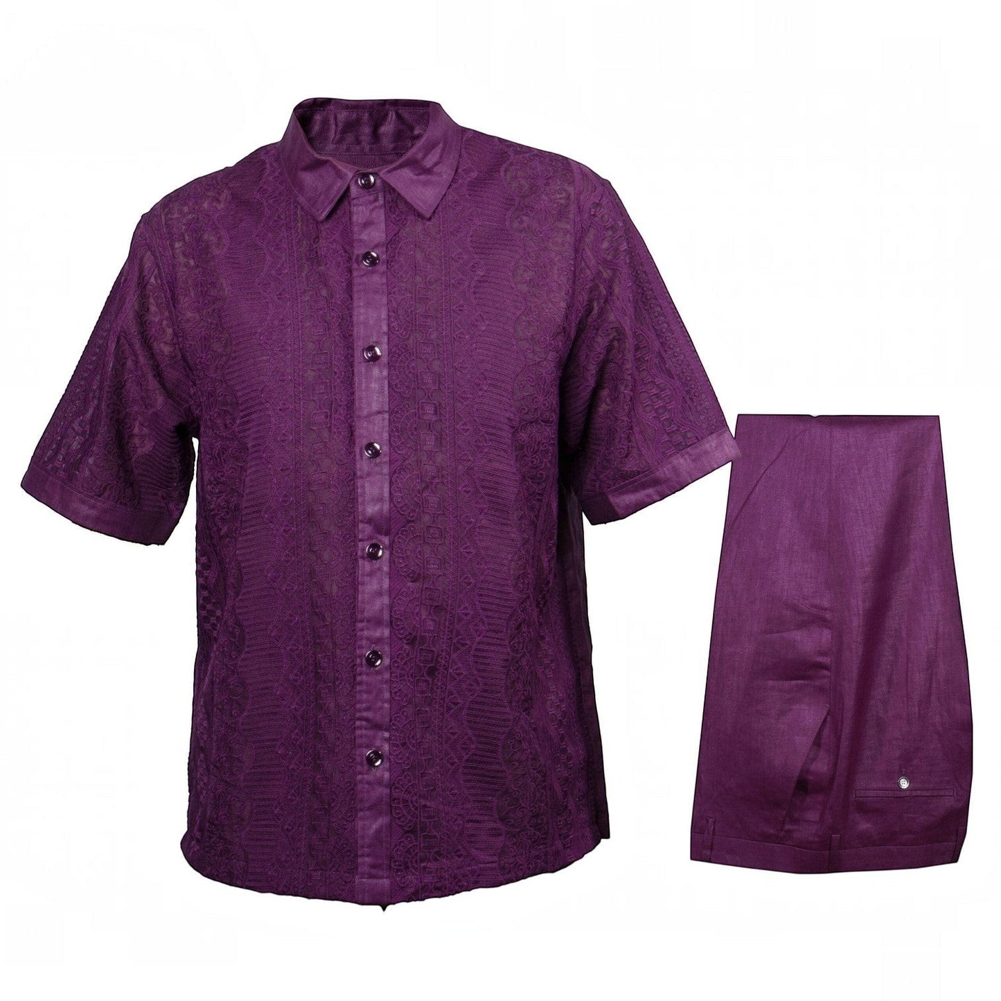 suit-yourself-menswear purple linen two-piece casual set featuring a short-sleeve shirt with intricate lace detailing.