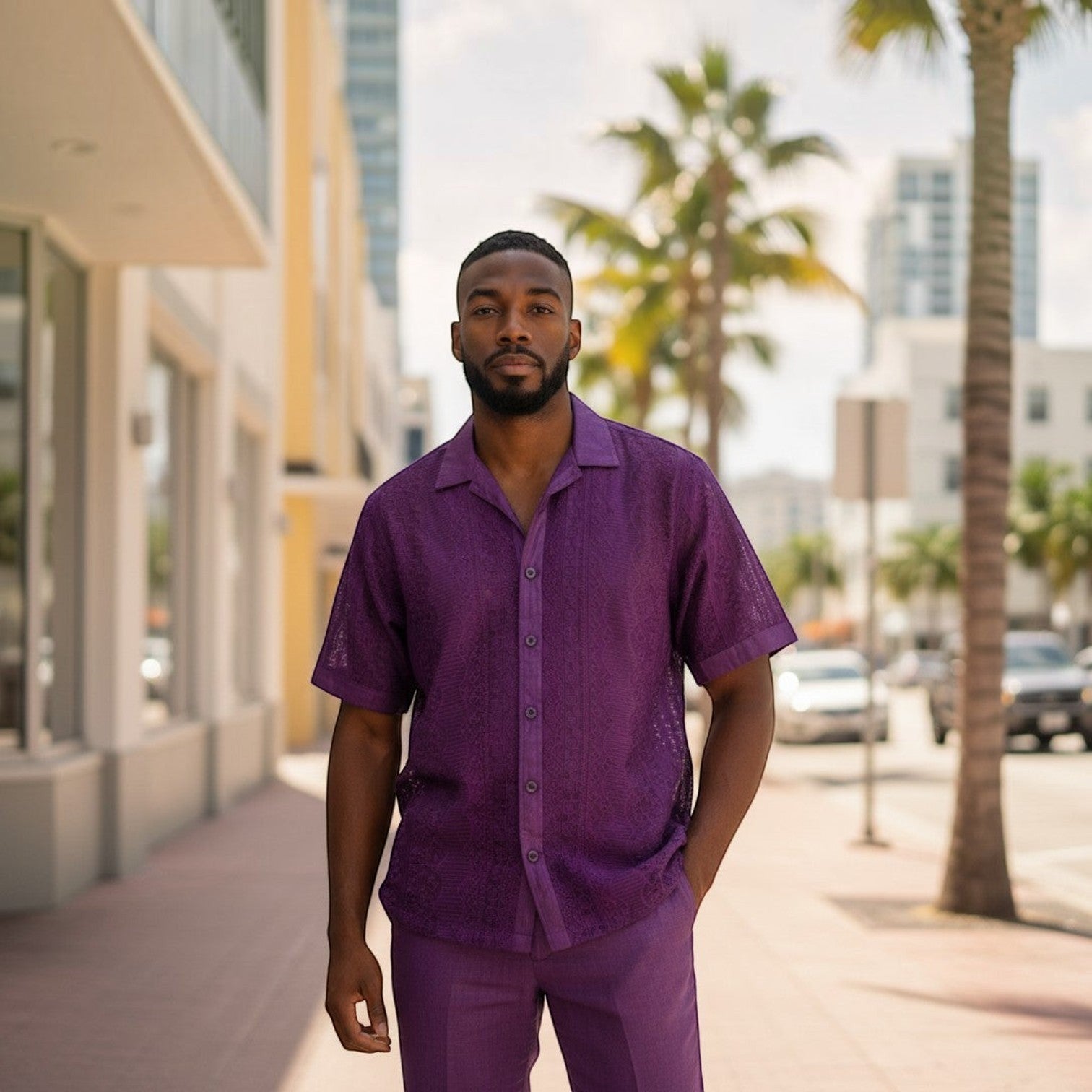suit-yourself-menswear purple linen two-piece set with short-sleeve lace button-down shirt worn by a man outdoors
